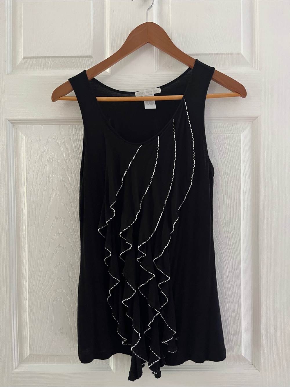 Design History Black Tank Top with White Trim Ruffle Front